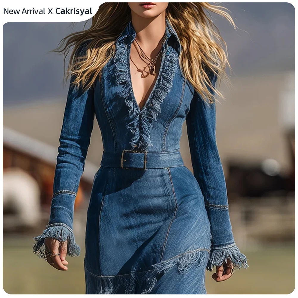 Women's Western Denim Fringe Maxi Dress Washed Vintage VNeck High Waist WIth Belt Flared Sleeves Autumn Chic Long Dresses 261015