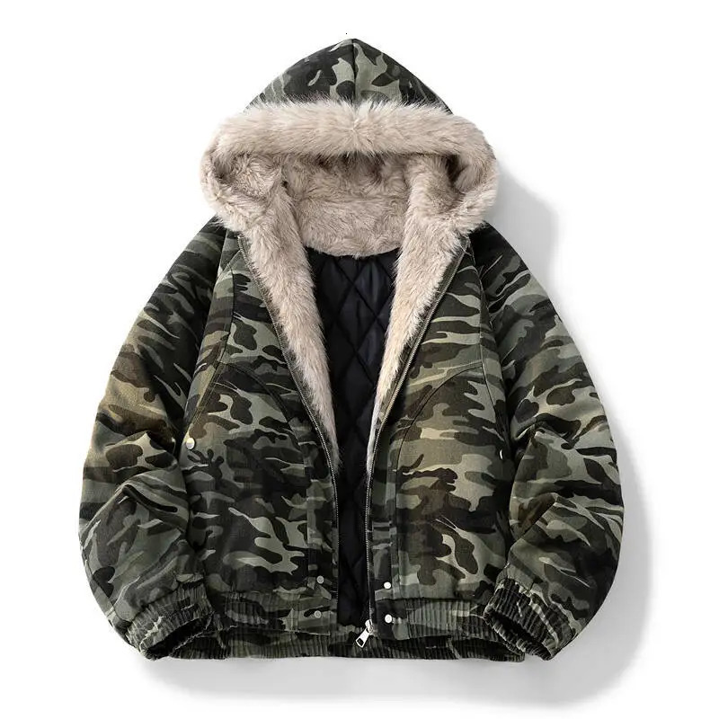 Men's Retro Camouflage FleeceLined Faux Fur Collar Jacket Autumn Winter Loose Fit Sports Hooded Parka CottonPadded 261008