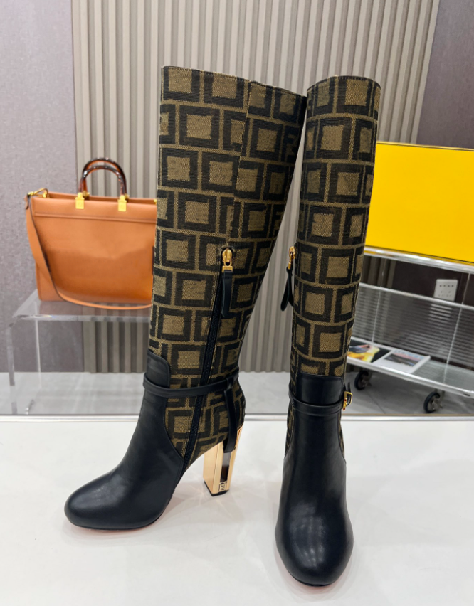 Bota de pierna larga para dama Bomba Delfina de gamuza marrón Botas de lona con bota de mezclilla de punto Botas altas hasta la rodilla para otoño B