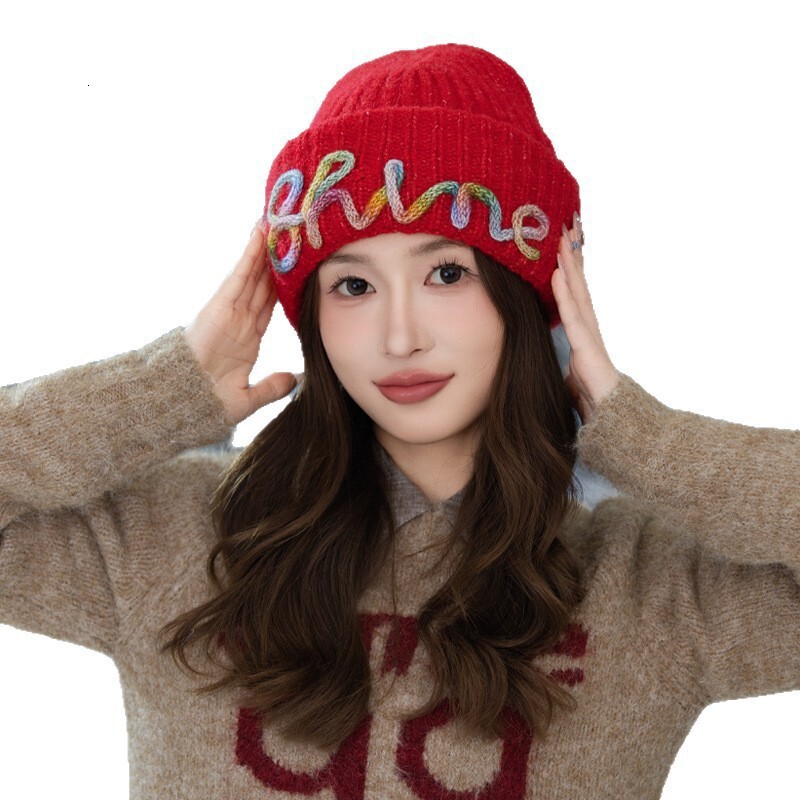 Korean Style Colorful Line Letter Knitted Face Slimming Winter Women Thickened Warm Ear Protection Wool Hat Trendy