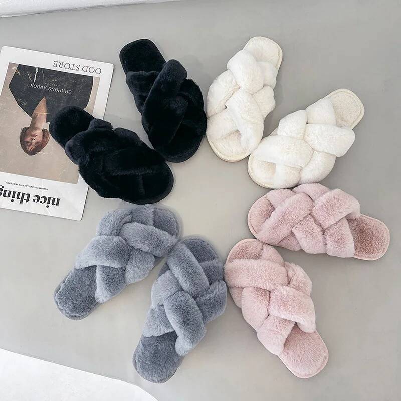 Fashionable Women's Cross Open-Toe Fur Indoor Home Cotton Slippers Flat Heel Autumn Winter New Arrival Korean Style ddmykukumalu