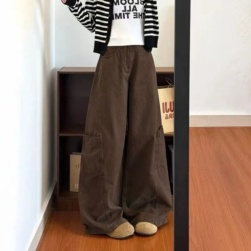 Vintage Brown Cargo Jeans for Women Y2K American High Waist Streetwear Loose Wide Leg Denim Pants Bf All Match Straight Pants 261016