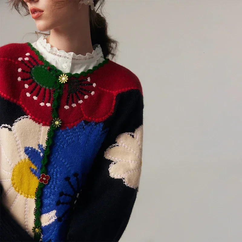 Vintage Flower Embroidery Knitted Top High Quality Women Fashion Cardigan Fashion Trends AutumnWinter in Chic Sweater Coat 261015