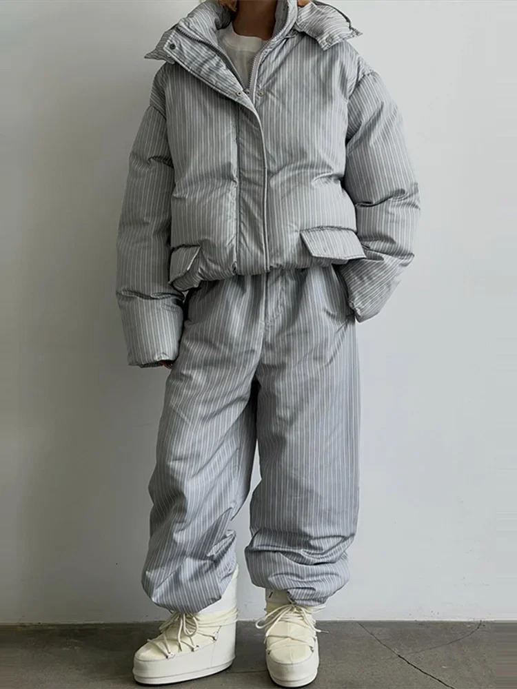Casual Women's Stripe Set With Hat Full Sleeve Cotton Padded Coat Straight Pants Female Loose Sets 2026 Autumn Winter Lady Suit 261015