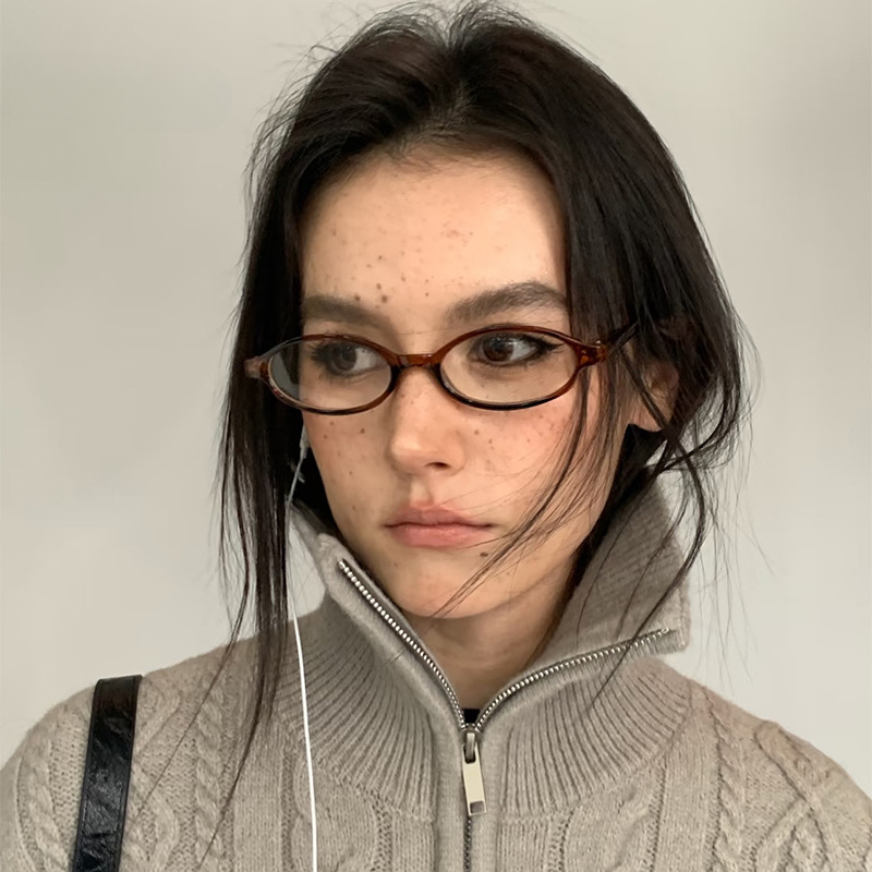 Retro Dark Brown Oval Elegant Y2k Glasses Styling Without Makeup, Flat Lenses For Middle And High School Students Laotie