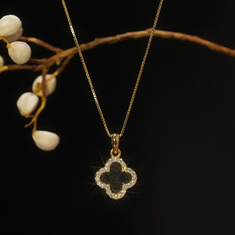Korean Version Fashion Simple Double-Sided Four-Leaf Clover Micro Inlaid Necklace Trendy Ins Internet Celebrity Temperat Street Style Collarbone Cha