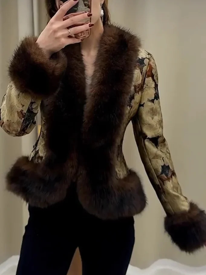 Floral Jacquard Faux Fur Trim Jacket Women V Neck Single Button Long Furry Cuff Cropped Coats Winter Fashion Vintage Party Coat 261016