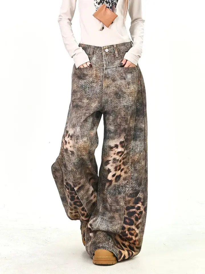 Y2K Leopard Print Jeans Loose Fit Style Floor Length Pants American Street Trend for Women Spring 261016