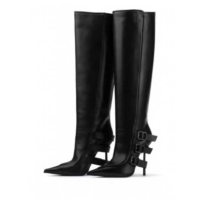 New Black Belt Buckle Tab High-heel Knee High Boots Autumn Winter Women Fashion Pole Dance Pointed Solid Color Long Boots 35-44 Q261015