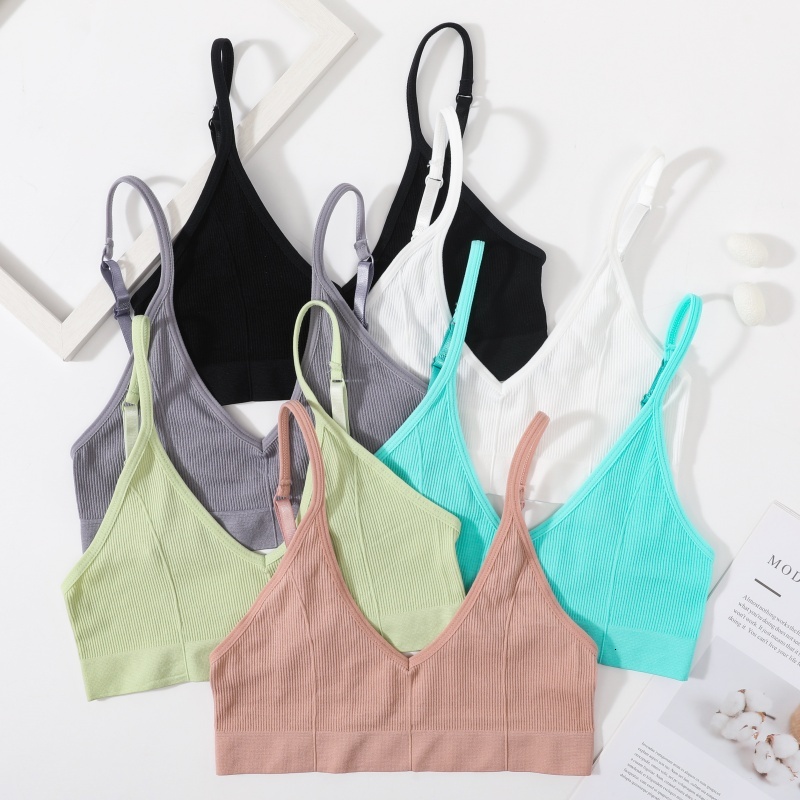 Women Ribbed V-Neck Wireless Bra Solid Color Knit Bralette Stretch Thin Straps Liner-Free No Chest Pads Lingerie Daily Intimates dongdumaoyi