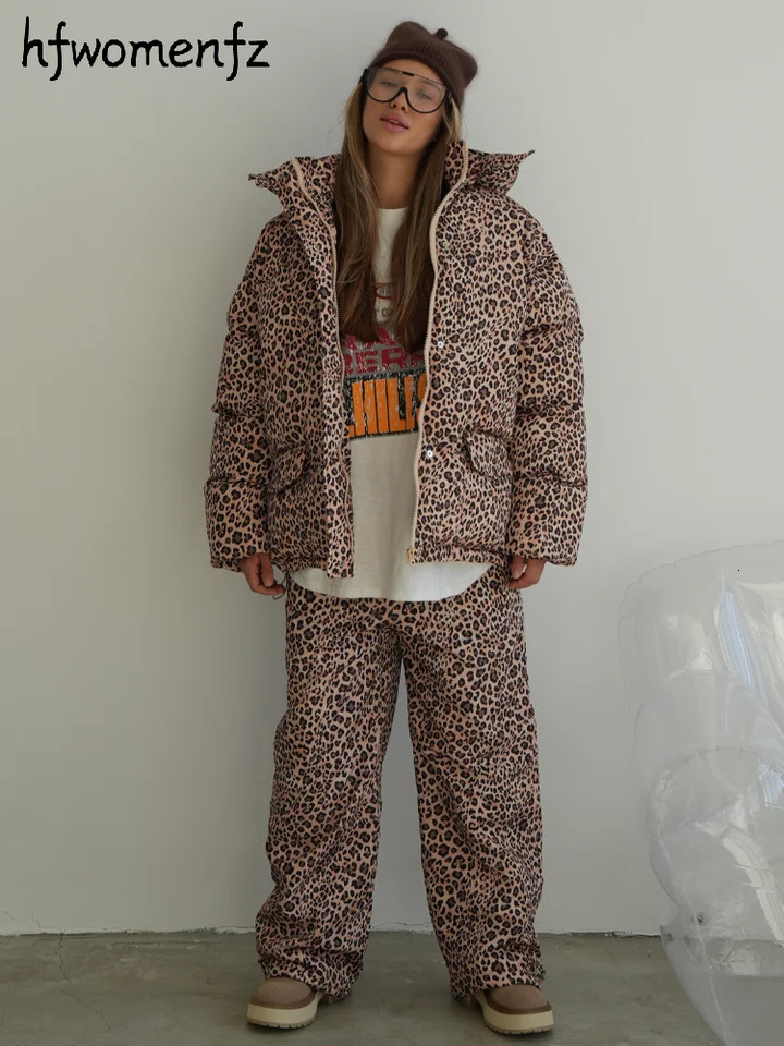 Casual Womens Leopard Printed Padded Coats Pants Sets Hooded Zipper Padded Coats Drawstring Straight Pant 2026 Winter Lady Suit 261016