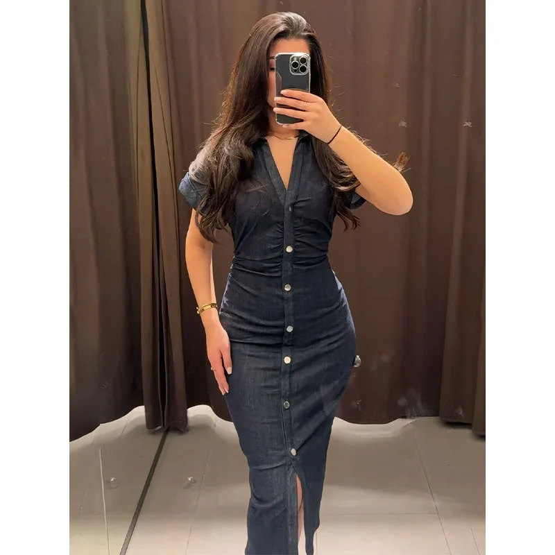 Long Dresses Woman Fashion Summer V-neck Single Breasted Slim Fit Denim Skirts Women's Clothing Tops 261015