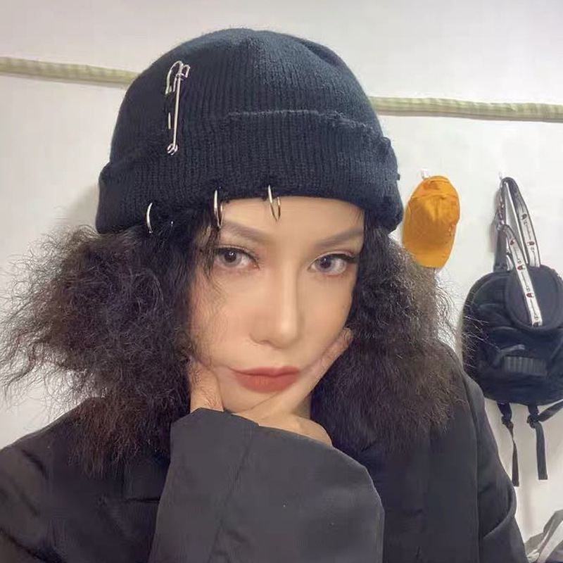 Women's for Autumn and Winter Round Ring Pin Street HipHop Distressed Edged Melon Skin Knit Hat Men's Trendy Cold Hat