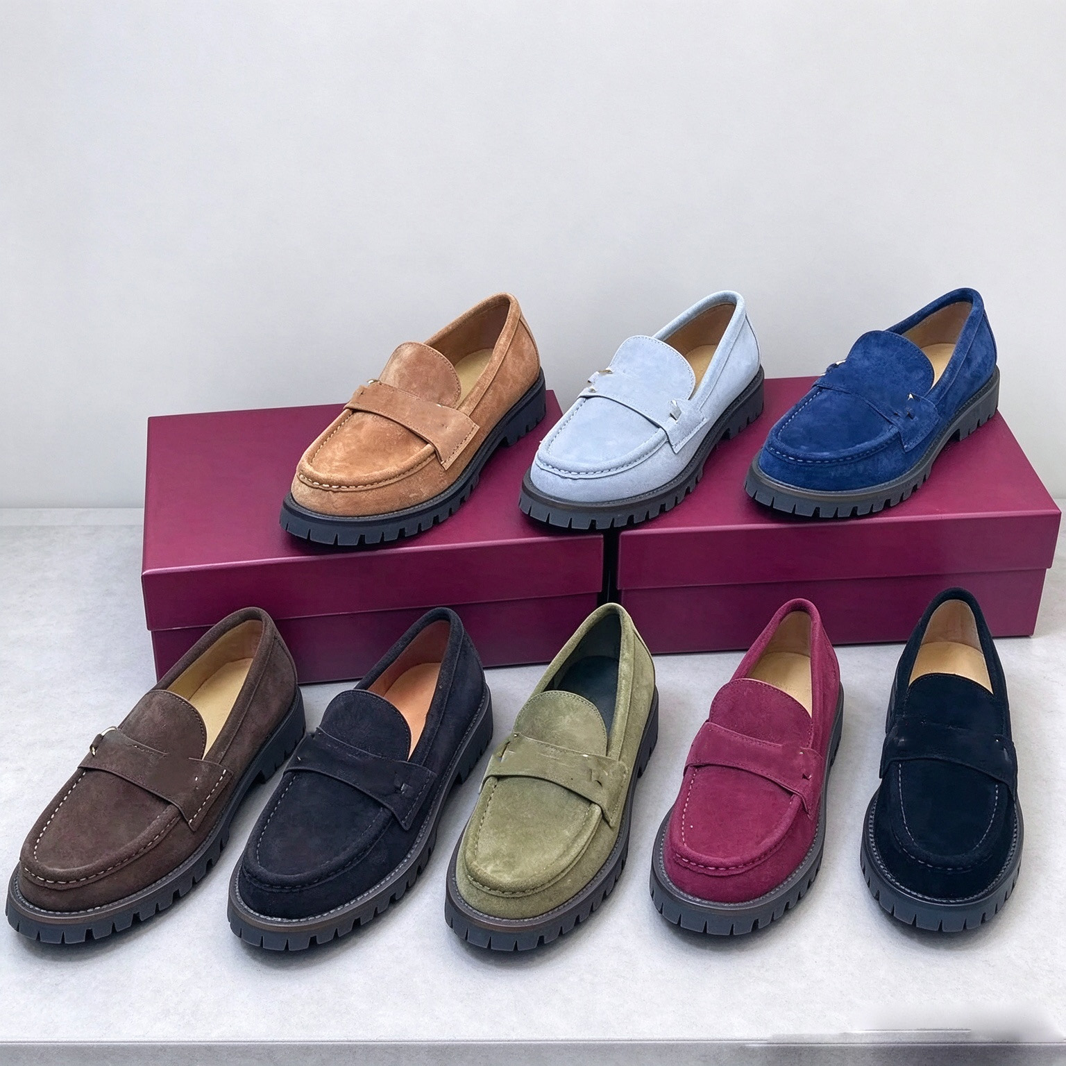 Women Suede Penny Loafers Thick Lug Sole Slip On Platform Deerhide Loafer Multi Colors Classic Casual Business Daily Walking Ladies Office Dress Foo