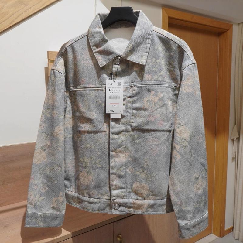 High-Quality Designed Men's Vintage Floral Print Washed Light Denim Jacket, Lapel Long-Sleeve Button-Front Casual Autumn Outerwear