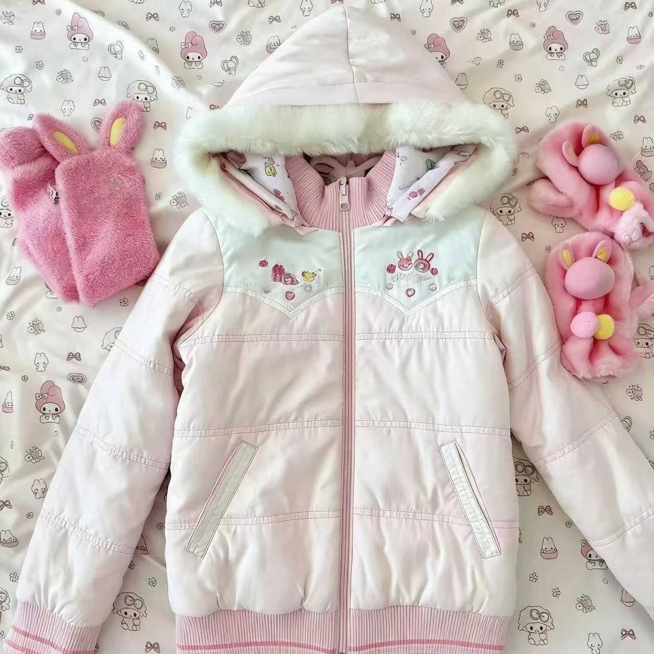 Women's Down Parkas Harajuku Kawaii Women Faux Fur Parka Coat Y2K Retro Japanese Style Long Sleeve Outwear Loose Fit Casual Daily Street Winter
