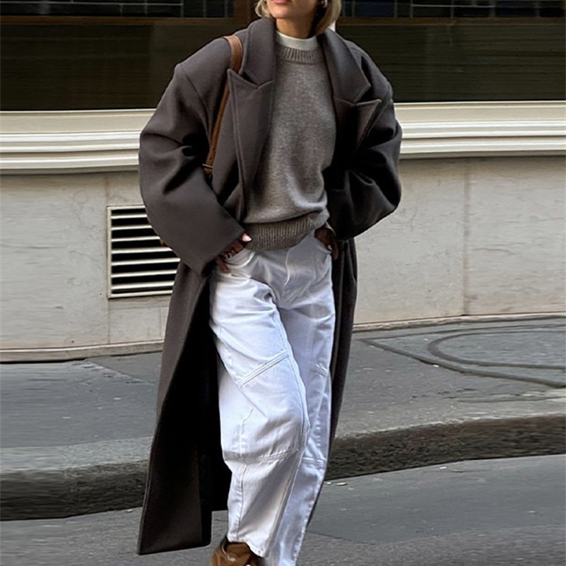 Autumn Winter Urban Women Wool Coat Elegant Full Sleeve Loose Lapel Doube-Breasted Female Long Coats 261016