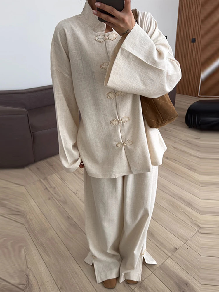 Casual Women's Two-Piece Pants Set Frog Button Mandarin Collar Top Wide Leg Pant Loose Fit Loungewear Suit Workwear Outfit 261012