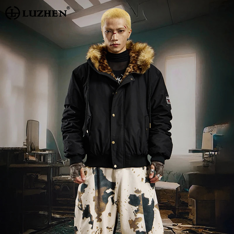 LUZHEN 2026 Winter New Thickened Warm Leopard Print Fleece Liner Hooded Fur Parka Coat Men Trendy Street Handsome Jacket