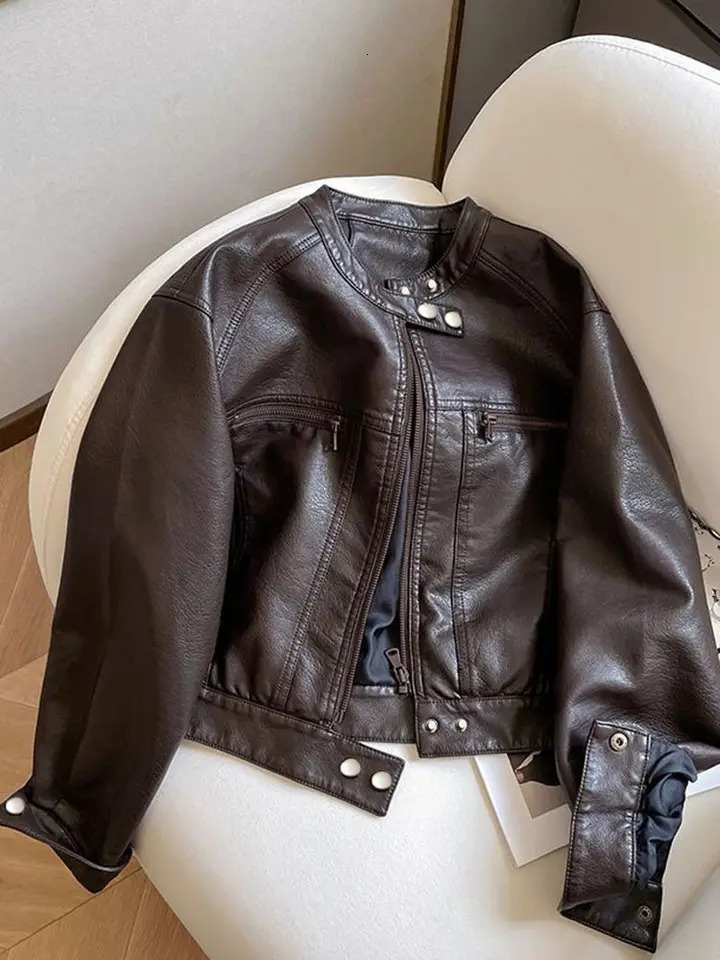American Locomotive Clothing Short PU Leather Jacket Women's Spring And Autumn Small n Stand-Up Collar Jacket 261016
