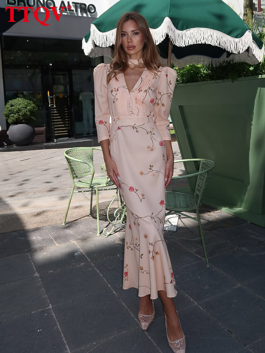 Sexy Loose Print Women's 2026 Summer V-Neck Long Sleeve Ankle Length Dresses Elegant Classic High Waist Female Dress