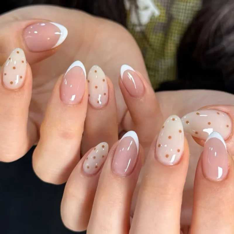 False Nails 24pcs INS Sweet Pink Fake Nails White French Almond Press on Nails Sweet Girl Korean Style Wearing False Nail Patches Q261017