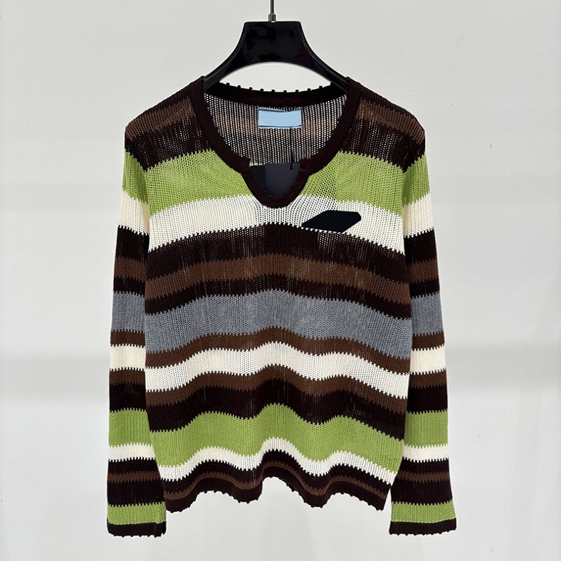 Striped Knitted Pullover Sweater For Women Hollow Out Thin Casual Sweater Cardigan Y2K Style Contrast Color Holiday Sweater