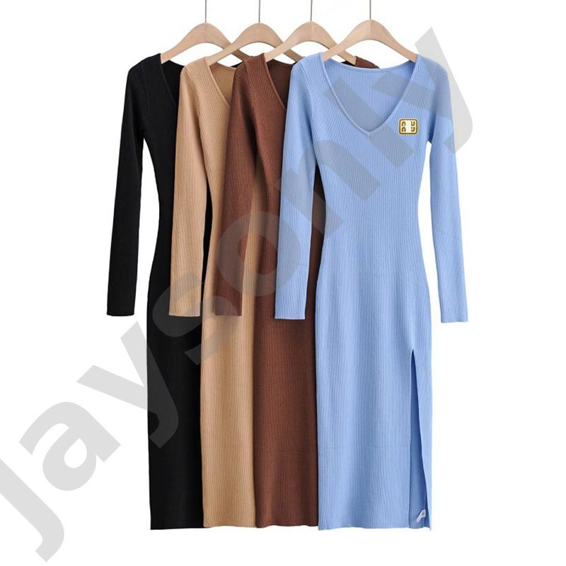 Women V Neck Long Sleeve Knit Maxi Dress High Waist Slim Fitted Side Split Midi Dresses Solid Color Bodycon skirt For Autumn Winter 4 Colors S M-12