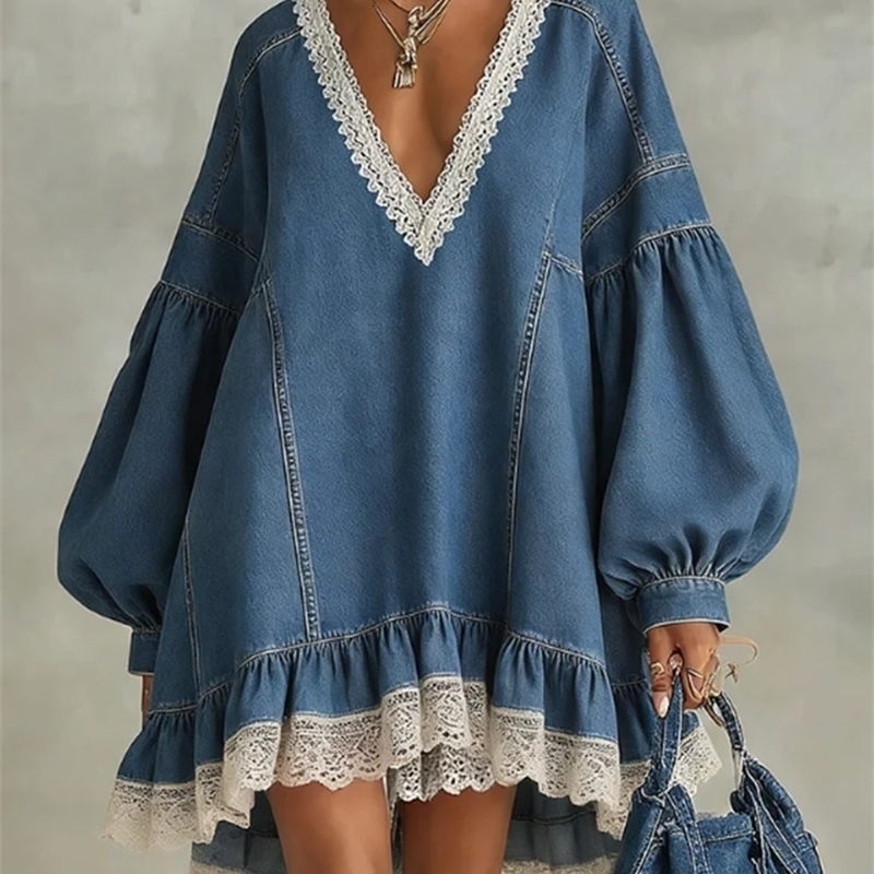 Women's Denim Mini Dress Lace Patchwork Boho V Neck Puff Sleeve Ruffle Hem Loose Fit Casual Vacation Party Wear 261015