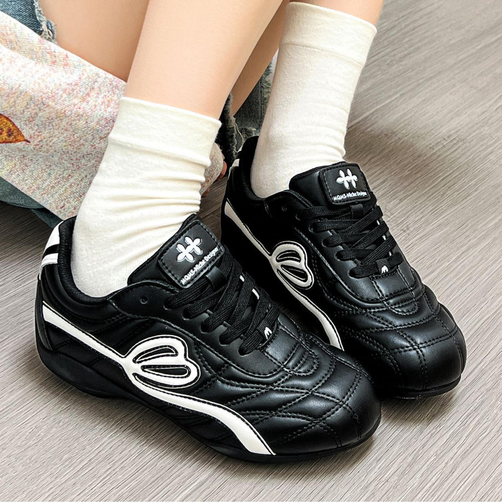 Unisex Racing Football Style Sneakers, Black White Color Block Thin Flat Sole Casual Shoes, Faux Leather Upper Lightweight, Trend Low Top Lace-up Sp