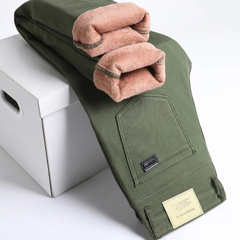 Winter Fleece Jeans Mens Cotton Soft Elastic Fit Straight Warm Plus Velvet Denim Pants Thick Fashion Korean Casual Trousers 261016