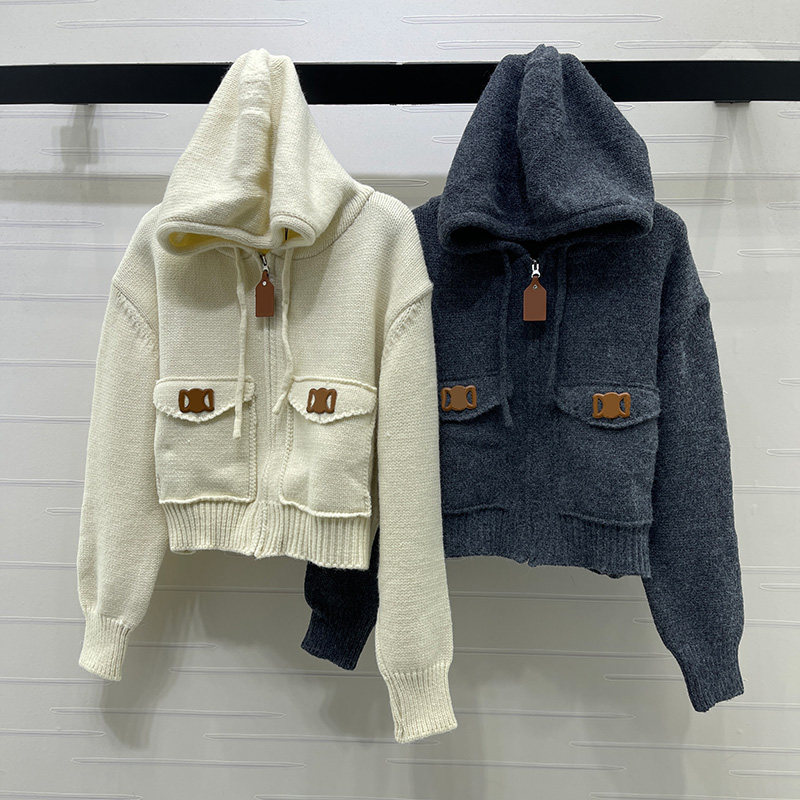 Designer Women Preppy Knitted Cardigan Cropped Hooded Zip Up Knits Jacket Spring Autumn Casual Date Party Vacation Knit Top