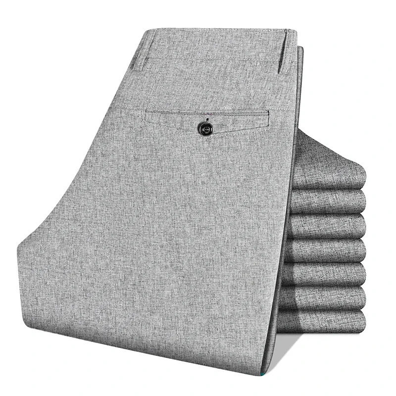 Mens Heather Linen Texture Straight Full Length Business Casual Pants Single Button Zipper Fly Wrinkle Resistant Office Trousers 261016