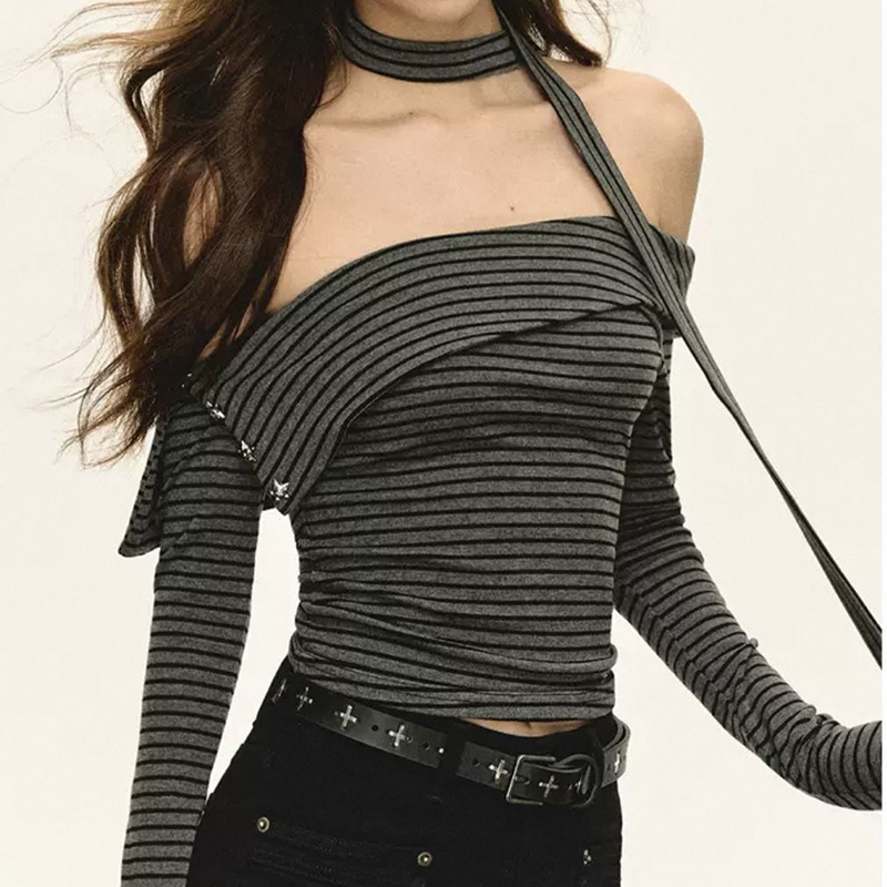 MEXZT Y2K Vintage Striped T Shirt Women Harajuku Aesthetic Sexy Slash Neck Crop Tops Gyaru Streetwear Grunge Long Sleeve Tees
