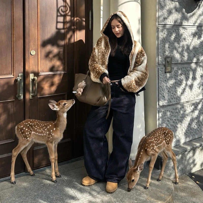 Reversible Deer Print Fuzzy Jacket Women Hooded Zip Up Faux Fur Oversized Warm Winter Short Outerwear Y2K Vintage Ladies Coat 261016