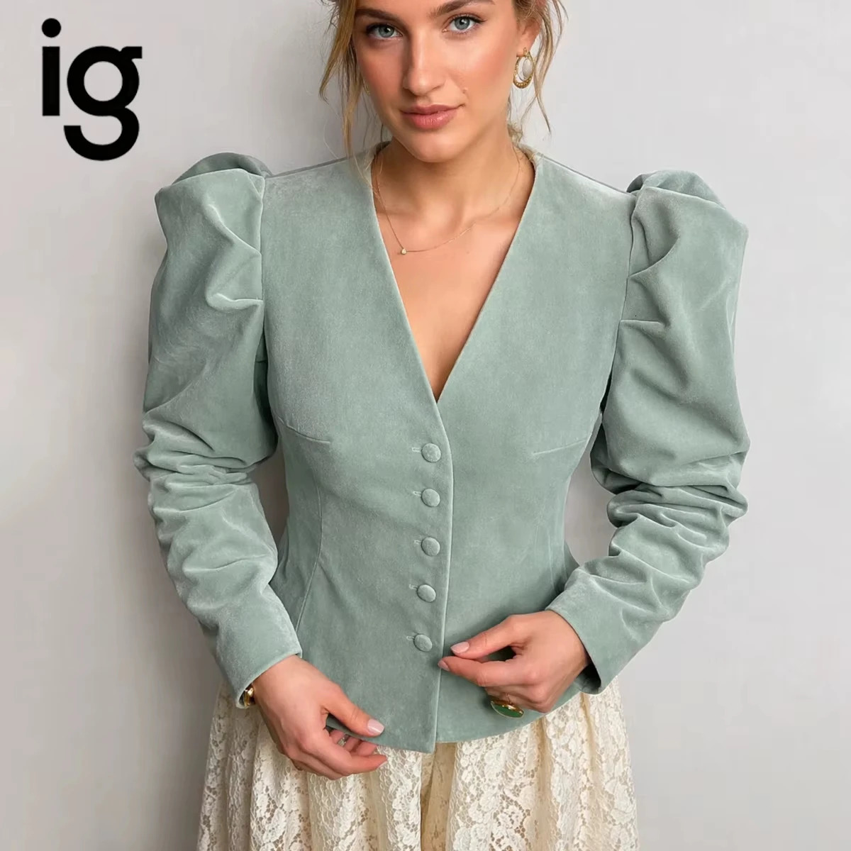 IG 2026 Womens V Neck Velvet Blazer Jacket Puff Shoulder Long Sleeve Vertical Matching Button Front Slim Fitted Waist Flap Poc 261017