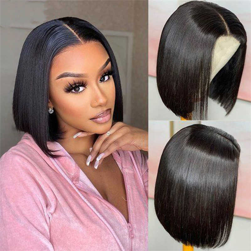 UNice Hair Light Yaki Straight Bob Perücke mit elastischem Kordelzug 7x5 vorgeschnittene vorgebleichte leimlose Perücken Echthaar bereit zum Tragen