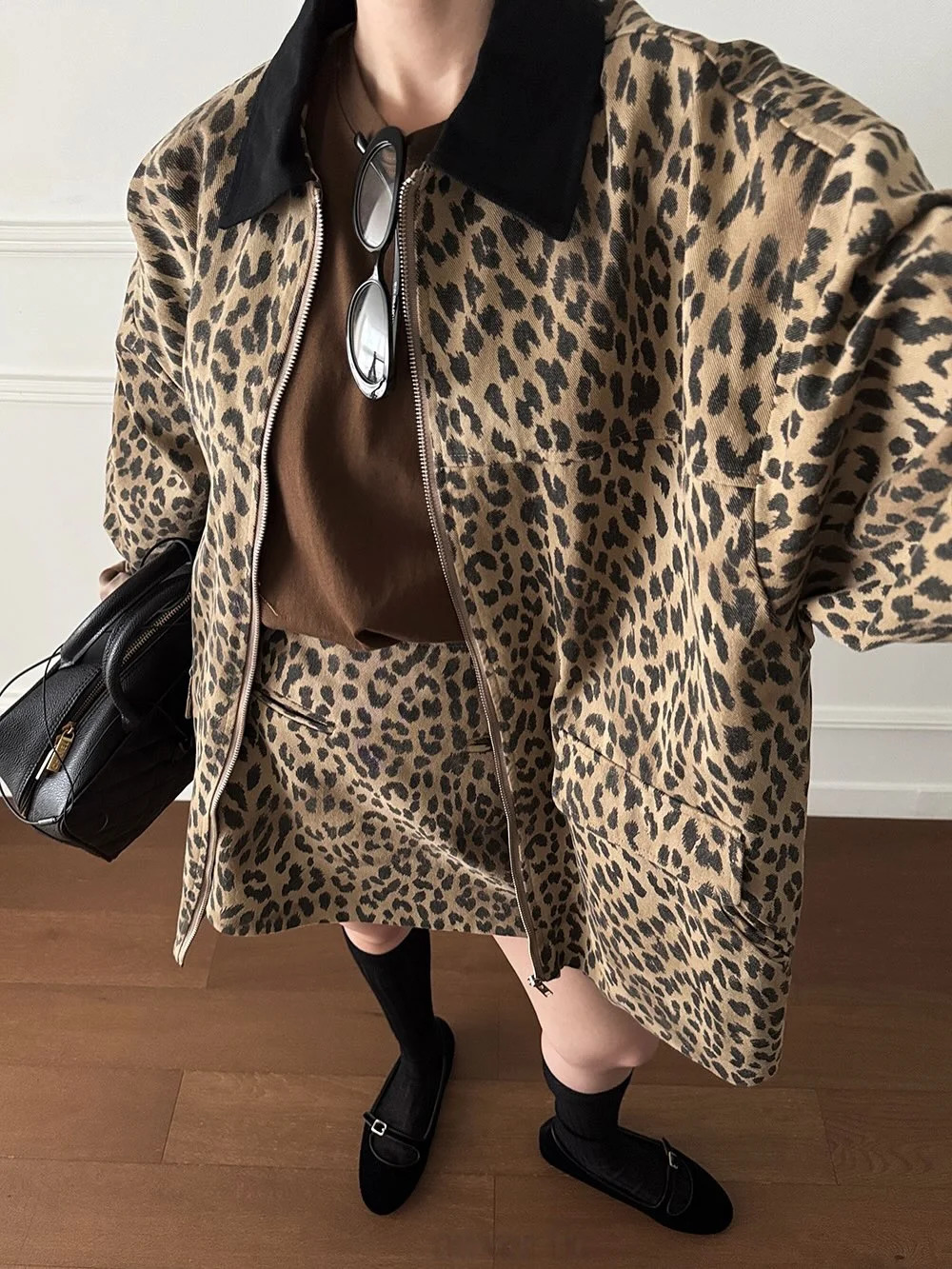 2pcs set womens Autumn Spring 2026 Fashion Leopard Long Sleeve Jacket CoatMini Skirt two pieces Clothing setW11813 261016