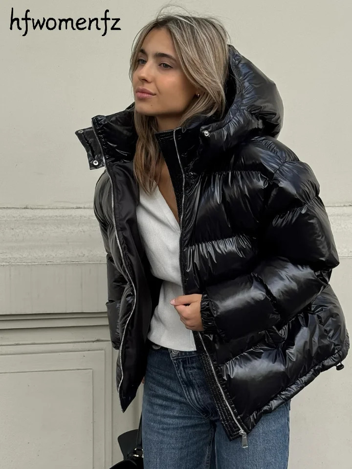 Casual Womens Glossy Hooded Cotton Coats Puffy Stand Collar Zipper Long Sleeve Warm Jackets 2026 Winter Lady Down Jacket 261016