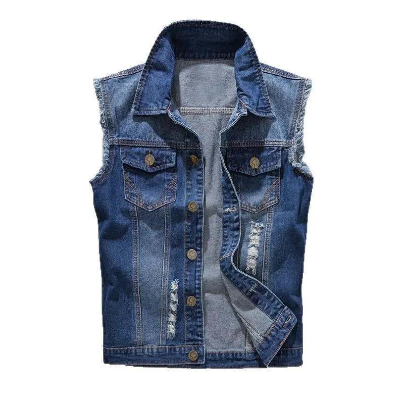 Fashion Men Ripped Denim Waistcoats Sleeveless Jackets Light Blue Holes Denim Vests Male Cotton Slim Jeans Waistcoats 6XL 261015