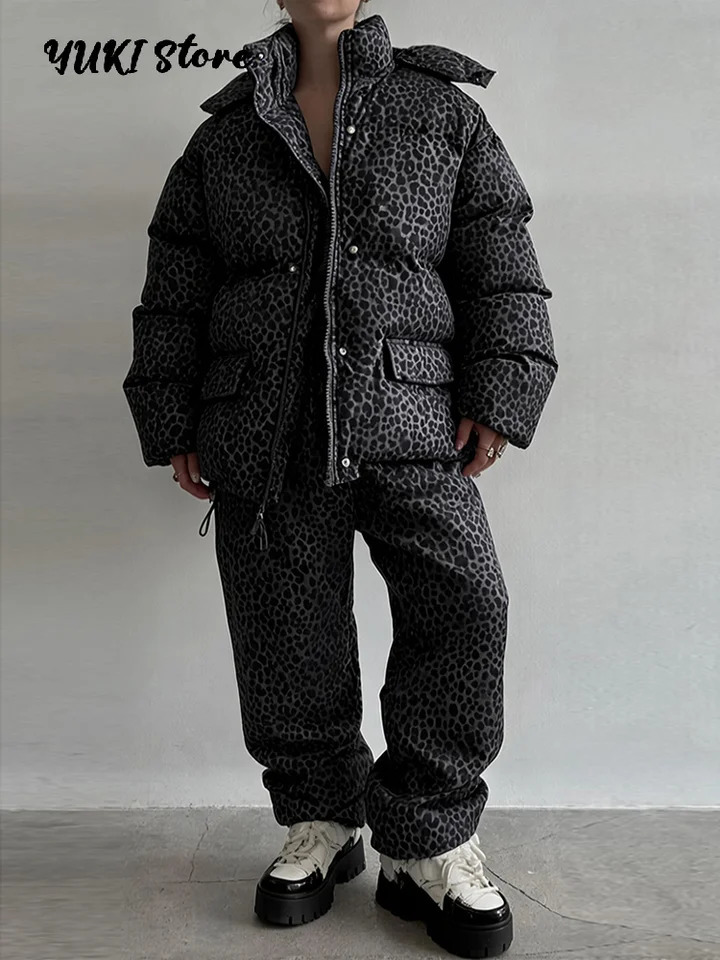 Leopard Print Women's Winter Down Jacket Pant Set Hooded Full Sleeve Zipper Jacket Elastic Waist Pants 2026 Warm Padded Coat Set 261015