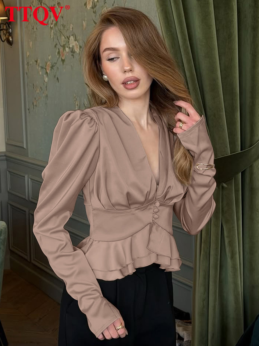Fashion Loose Khaki Satin Women's 2026 Sexy V-Neck Long Sleeve Crop Shirt Elegant Classic Ruffles Top Female Clothing