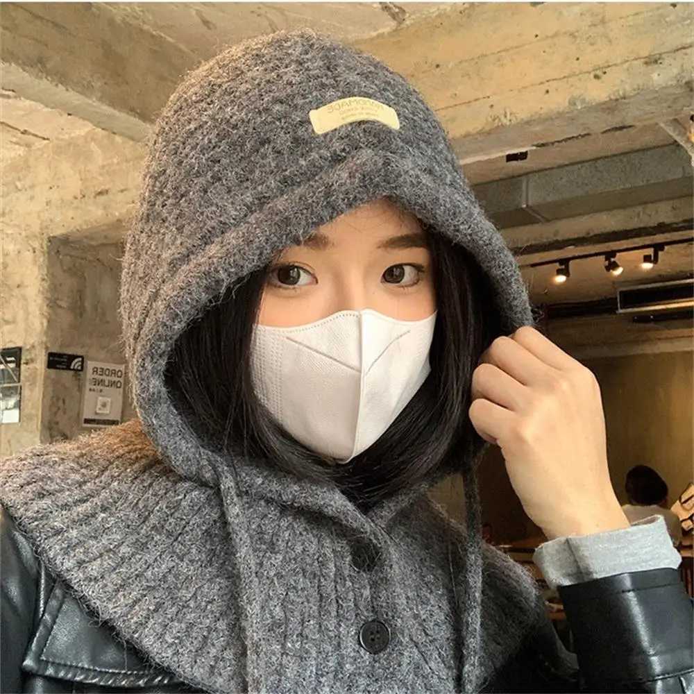 Beanie/Skull Caps Winter Thermal Neck Warmer Hats Solid Color Fashion 2in1 Scarf Hat Knitted Windproof Drawstring Y2k Women Pullover Collar Cap Q261