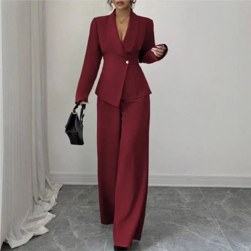 Elegant Office Lady 2 Pieces Set Winter Solid color Long Sleeve Slim BlazerWide Leg Pants Sets Work Wear Professional Suit 261016