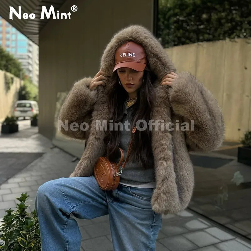 Neo Mint Exclusive Women Winter Hooded Faux Fur Coat Chic Street Fashion Girls Fluffy Fox Fur Jacket Thick Warm Shaggy Overcoat 261015
