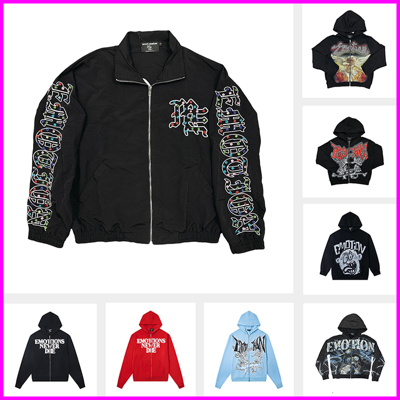 Mixed Emotions Hoodie Trendy Design Zip Up Hood Jacket Harajuku Y2k Clothes Mens Gothic Punk Print Graphic Hoodies Mixedemotion Rhinestone Sweatshir