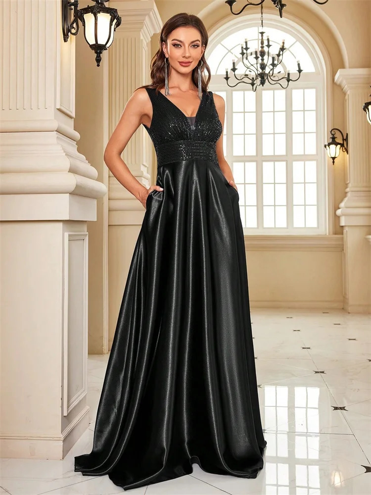 Elegant Sequins Evening Dress For Women Deep V-neck Satin Prom Party Green Dress Floor Length Blue Formal Gowns 261015