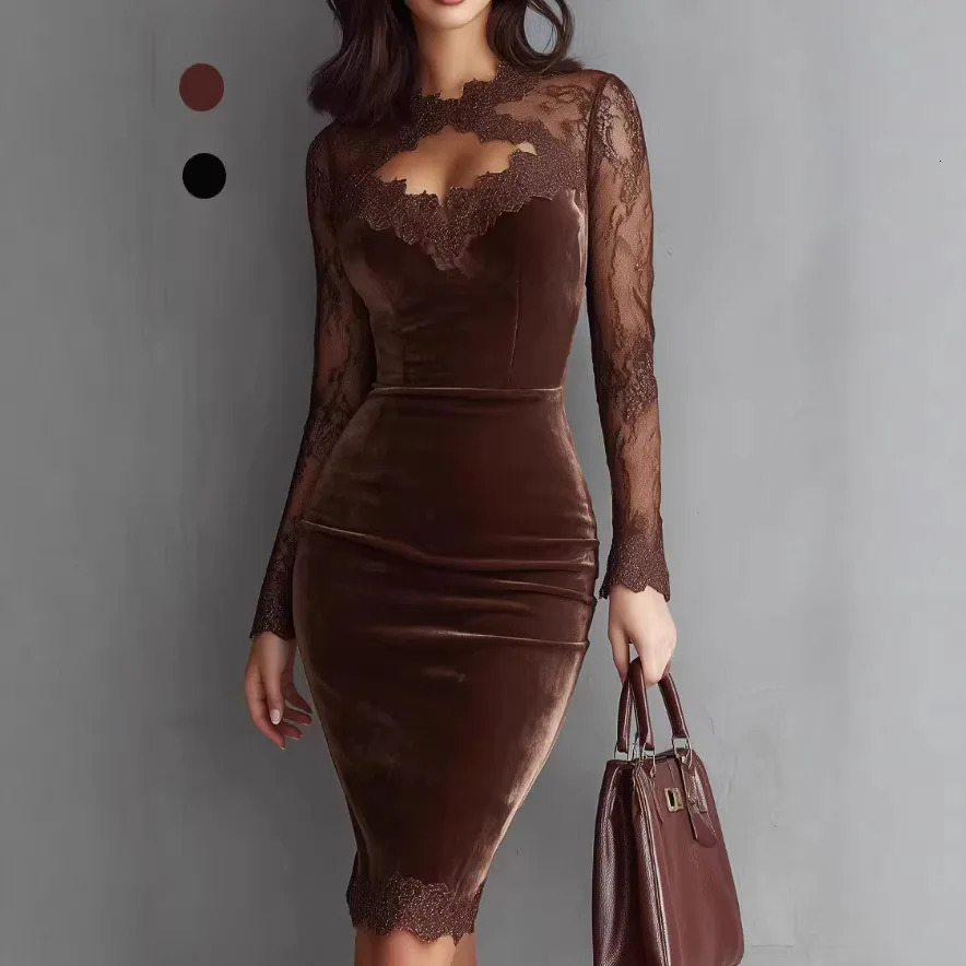 Elegant Women's Slim Dresses Sexy See Through Lace Long Sleeve Patchwork Package Hip Velvet Dress Temperament Bodycon Female 261015