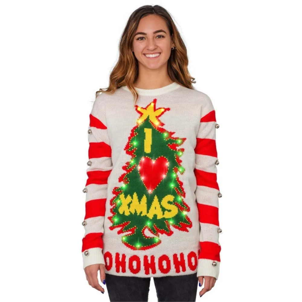 Women's Christmas Sweater Love Xmas Tree Pattern With Red White Striped Long Sleeve O Neck Knit Pullover Holiday Party TopFemale 261014