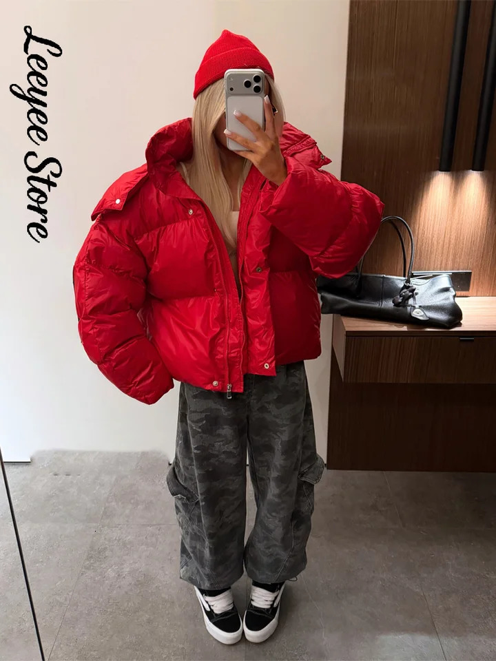 Bright Red Hooded Puffer Jacket Oversized Collar Horizontal Quilted Thick Padded Cropped Coats Womens Down Winter Jackets Warm 261016